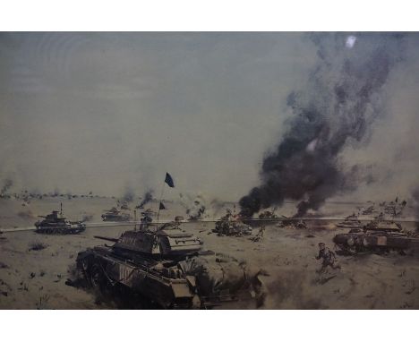Terence Cuneo "HQ 7th Armoured Brigade at Sidi Rezegh 21st November 1941" Signed Military Print, signed in pencil to lower ri