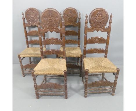 A set of four Spanish oak colonial style ladder-back rush-seated dining chairs,.