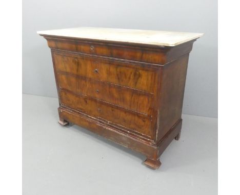 A French walnut-veneered marble topped commode chest of five long drawers. Width 130cm, height 100cm, depth 60cm.Fifth drawer