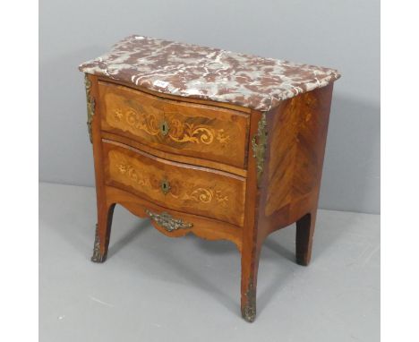 A French 2-drawer marble topped commode chest of serpentine form with brass mounts and marquetry inlaid decoration. W70cm, H6