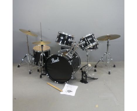 A modern Pearl drum kit, comprising a base, Floor tom, snare, two tom toms, high hat, two cymbals and adjustable stool.