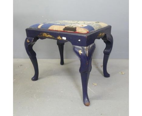 A blue painted and chinoiserie decorated piano stool, with tapestry upholstered seat and cabriole legs. Width 53cm, height 46
