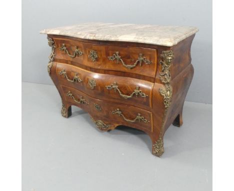 An antique French Louis XVI style kingwood veneered tombeau commode chest of three long drawers, with grey marble top and fig