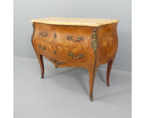 A French kingwood and marquetry-inlaid bombe commode chest of two drawers, with marble top and brass mounts. Width 101cm, hei