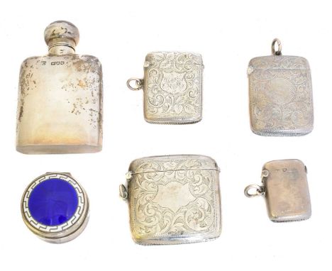 A selection of silver, A selection of silver, to include Henry Matthews enamel silver pill box, vesta cases and miniature hip