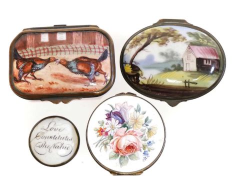 Four enamel snuff boxes Four enamel snuff / rouge boxes, one painted with a cock fighting scene, another with a landscape, an