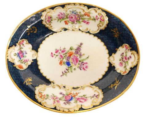 Worcester oval dish circa 1770    Worcester oval dish circa 1770, painted with flora on a blue scale ground. Hatched mark to 