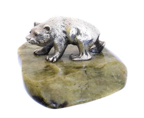 A Sampson Mordan silver bear model on green onyx plinth, An Edward VII silver model of a bear by Sampson Mordan, the silver b