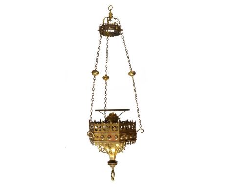 Late 19th century Gothic revival gilt brass hanging ecclesiastical lamp Late 19th century Gothic revival gilt brass hanging e