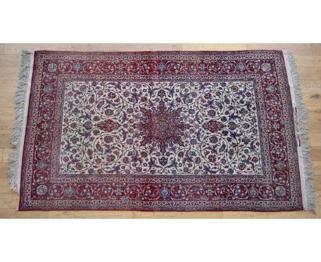 Iranian Isfahan rug Iranian Seirafian Isfahan rug, signed panel to one end translated to 'Woven in Iran, Isfahan, Seyrafian',