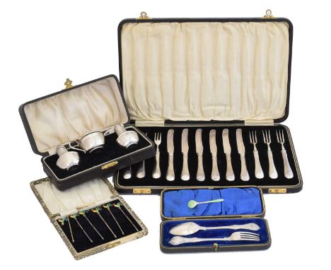 A selection of silver, A selection of silver, to include a cased cruet set, cased enamel cocktail sticks, cased silver handle