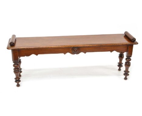 Mid 19th century mahogany window seat Mid 19th century mahogany window seat or hall bench, long rectangular top with scroll e