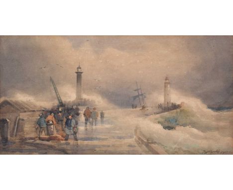 Frederick William Booty (British 1840-1924) "The West and East Piers, Whitby" Signed and dated 1911, watercolour.20 x 38.5cm 