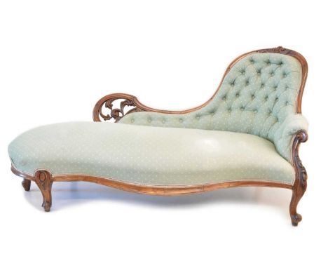 Victorian walnut framed chaise lounge plus a single nursing chair Victorian walnut framed chaise lounge, the shaped button ba