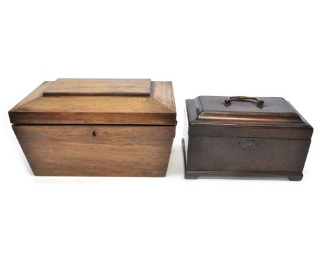 Two George III tea caddies Two George III tea caddies, one rosewood example of sarcophagus form, lion mask handles to each si