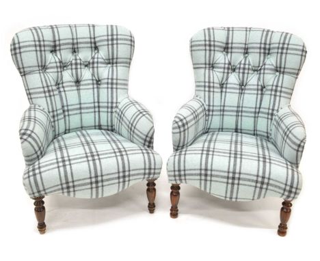 Pair of modern tartan upholstered button back armchairs Pair of late 20th century button back armchairs in blue tartan check 