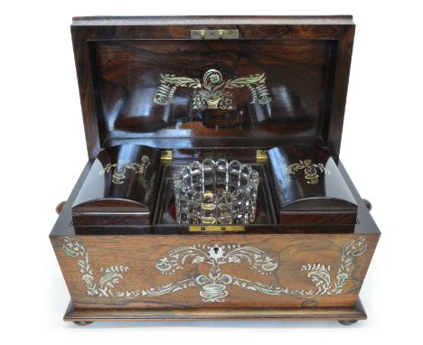 Victorian rosewood, mother of pearl and abalone inlaid tea caddy Victorian rosewood, mother of pearl and abalone inlaid tea c