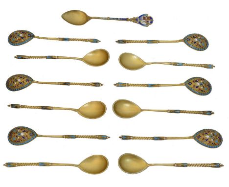 A set of ten Russian silver gilt and champlevé enamel spoons,  A set of ten Russian silver gilt and champlevé enamel spoons, 