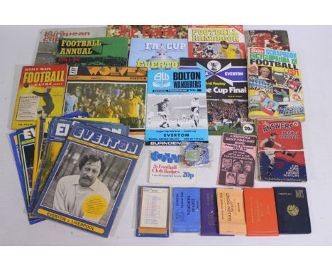 Football Items, Box containing Annuals, Fixture lists, Everton season tickets 1970s, Esso Football Badge packet of 26, Europe