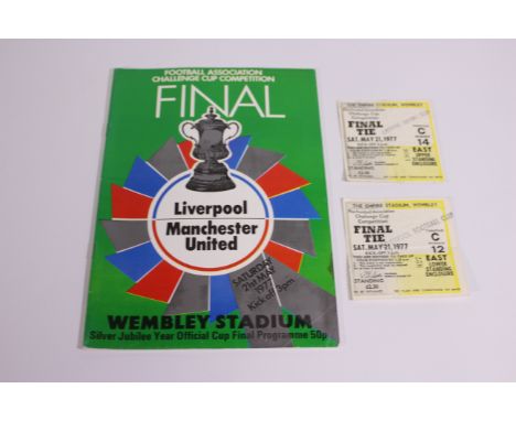 Football Programme and Tickets, 1977 FA Cup Final Liverpool v Manchester United programme plus two ticket stubs (3) Good
