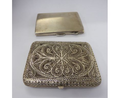 A white metal filigree cigarette case; and a silver example with engine turned decoration  Birmingham 1937       11