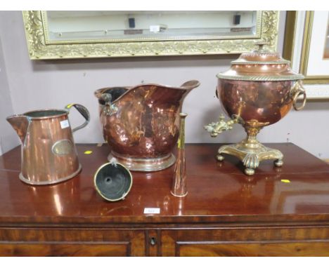 A VINTAGE COPPER SAMOVAR, WITH A COAL SCUTTLE, JUG &amp; HUNTING HORN