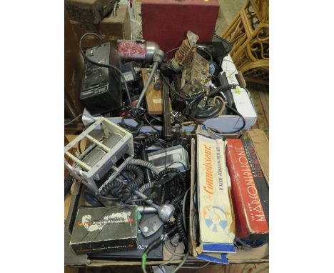 TWO TRAYS OF MIXED COLLECTABLES TO INCLUDE HEADPHONES, HAND HELD MICROPHONES, TONE ARMS, MANTLE CLOCK ETC