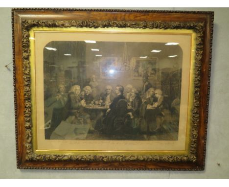 A LARGE 19TH CENTURY ENGRAVING ENTITLED ' A LITERARY PARTY AT SIR JOSHUA REYNOLDS', SET IN A DECORATIVE WOODEN FRAME, TOGETHE