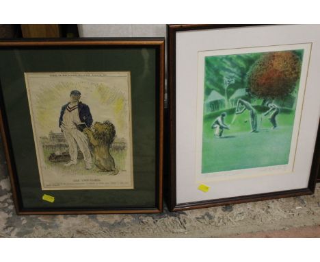 A FRAMED AND GLAZED CRICKETING THEMED PLATE ENTITLED 'THE LION-TAMER' TOGETHER WITH A SIGNED LIMITED EDITION PRINT OF AN IMPR