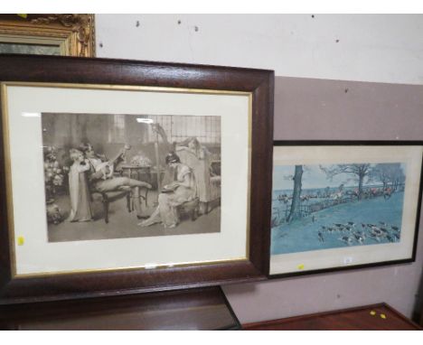 A VINTAGE OAK FRAMED PRINT, HUNTING PRINT AND A PAIR OF LANDSCAPE PRINTS (4)