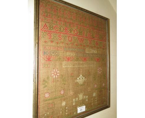 A FRAME AND GLAZED 19TH CENTURY SAMPLER - CATHERINE OWEN 1825