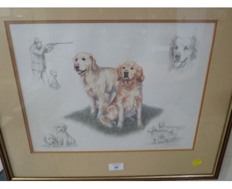 A FRAMED AND GLAZED NIGEL HEMMING PRINT OF GOLDEN RETRIEVERS (FOYER)