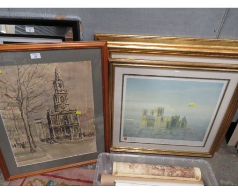 A GILT FRAMED AND GLAZED PRINT OF A VIEW OF BIRMINGHAM FROM HIGHGATE FIELDS TOGETHER WITH A SIMILAR PRINT OF YORK MINSTER, A 