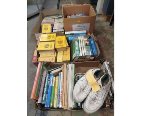 FOUR TRAYS OF ASSORTED CRICKET BOOKS TO INCLUDE WISDEN ALMANACS ETC TOGETHER WITH A PAIR OF VINTAGE CRICKET SHOES FORM 1989 O