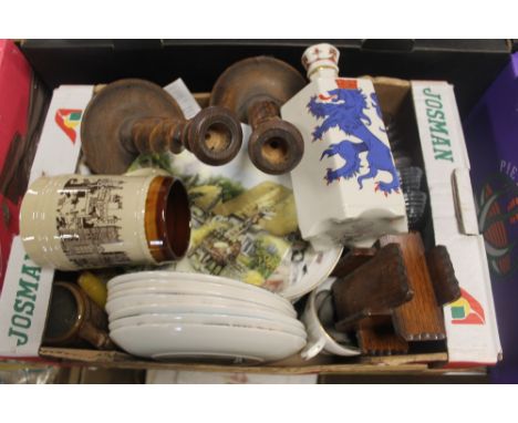 A BOX OF CERAMICS TO INCLUDE A MASONS DECANTER