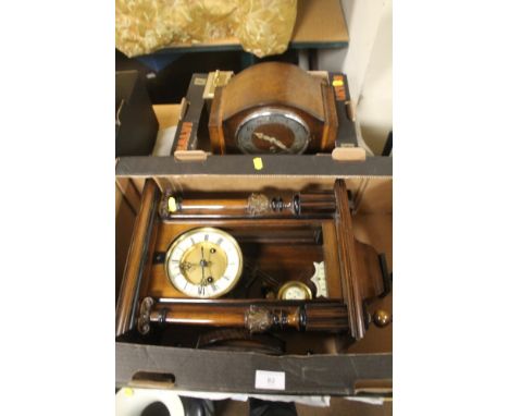 A SELECTION OF MANTLE CLOCKS AND A HANGING WALL CLOCK