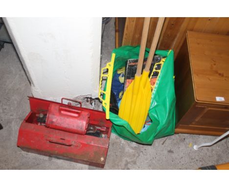 A QUANTITY OF TOOLS TO INCLUDE PADDLES AND A DINGY, ETC