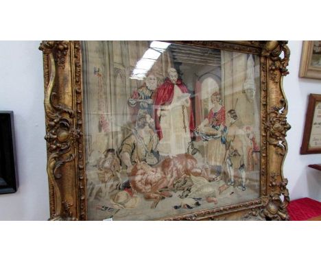 A large 19th century tapestry of a huntsman presenting captured game to a priest in ornate gilt frame, a/f, size including fr