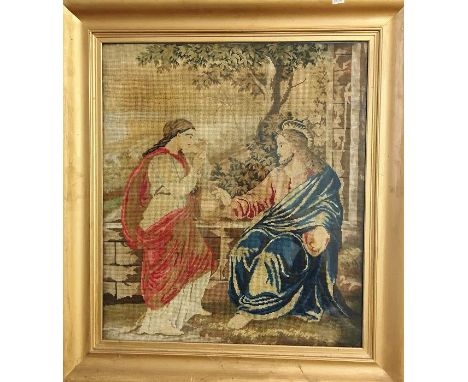 A 19th century tapestry of Jesus and Mary Magdalene, size including frame 27'' x 30''