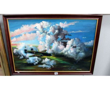 A framed oil on canvas, WW2 bomber, signed B R Walker, image 60 x 90cm