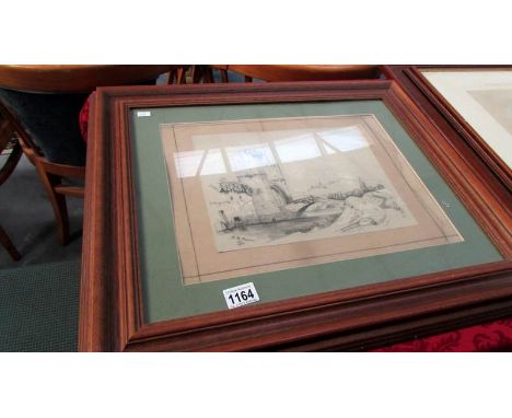 A framed and glazed pencil drawing 'French Castle Ruins in Burgundy' signed B M Brown 1890, image 30 x 23cm