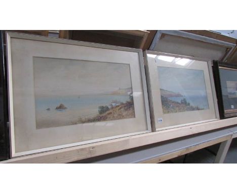 2 watercolour coastal scenes (possibly same location from different perspectives) by R J Pollard 1916 and Emily Bishop 1916, 