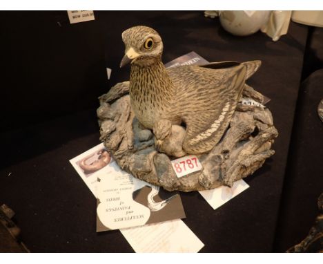 Stone Curlew and chick on nest ceramic sculpture monogrammed PH W: 28 cm