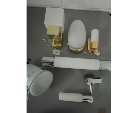 A box of five various style wall lights and a bathroom shower light