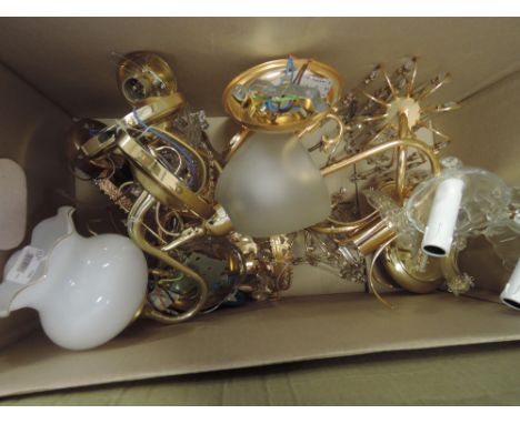 A box of brass effect wall light fittings