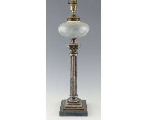 Silver plated Corinthian column oil lamp, 55cm high, (converted for electricty),.   