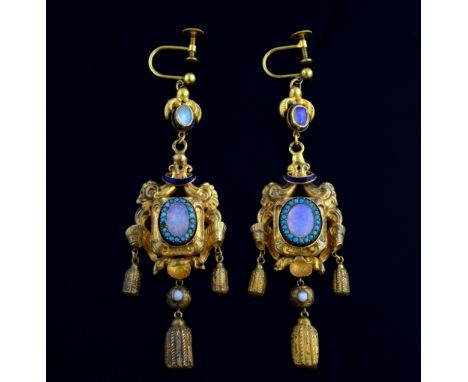  A pair of antique drop earrings set with opal and turquoise and enamelled detailing, 7.5 cm drop, tested as 22 ct .   Drop 7