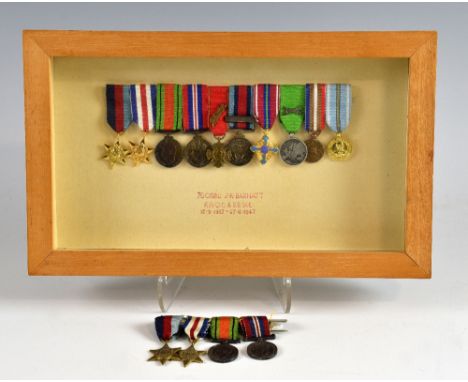 Framed group of ten WW 2 period miniature medals with label 76001186 J K Barnatt, RAOC and REME and a second group of four mi