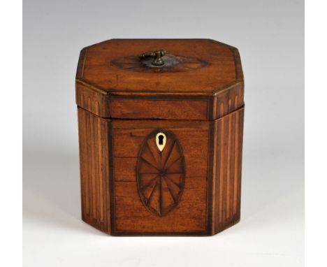 Early 19th century inlaid mahogany tea caddy. 11cm high.  Lock removed.Veneer splits, repairs and replacements.Cover does not