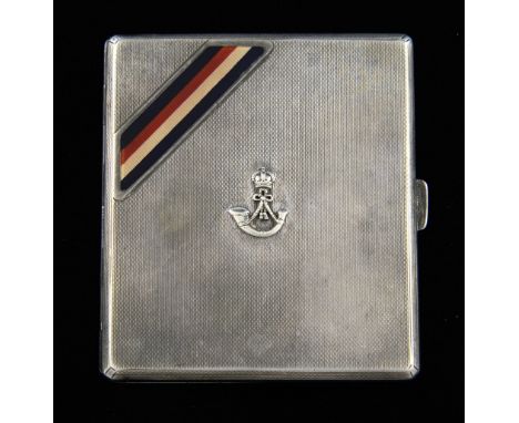 A George VI silver and enamel cigarette case, applied with The Rifles regimental badge, by Goldsmiths and Silversmiths Compan